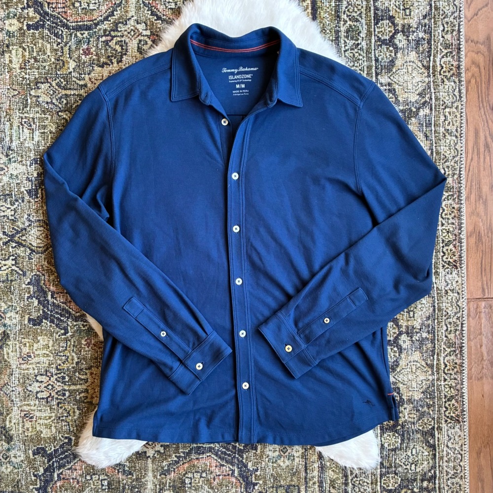 Tommy Bahama IslandZone Mens Medium Blue Long Sleeve Button Down Shirt 37.5 Tech